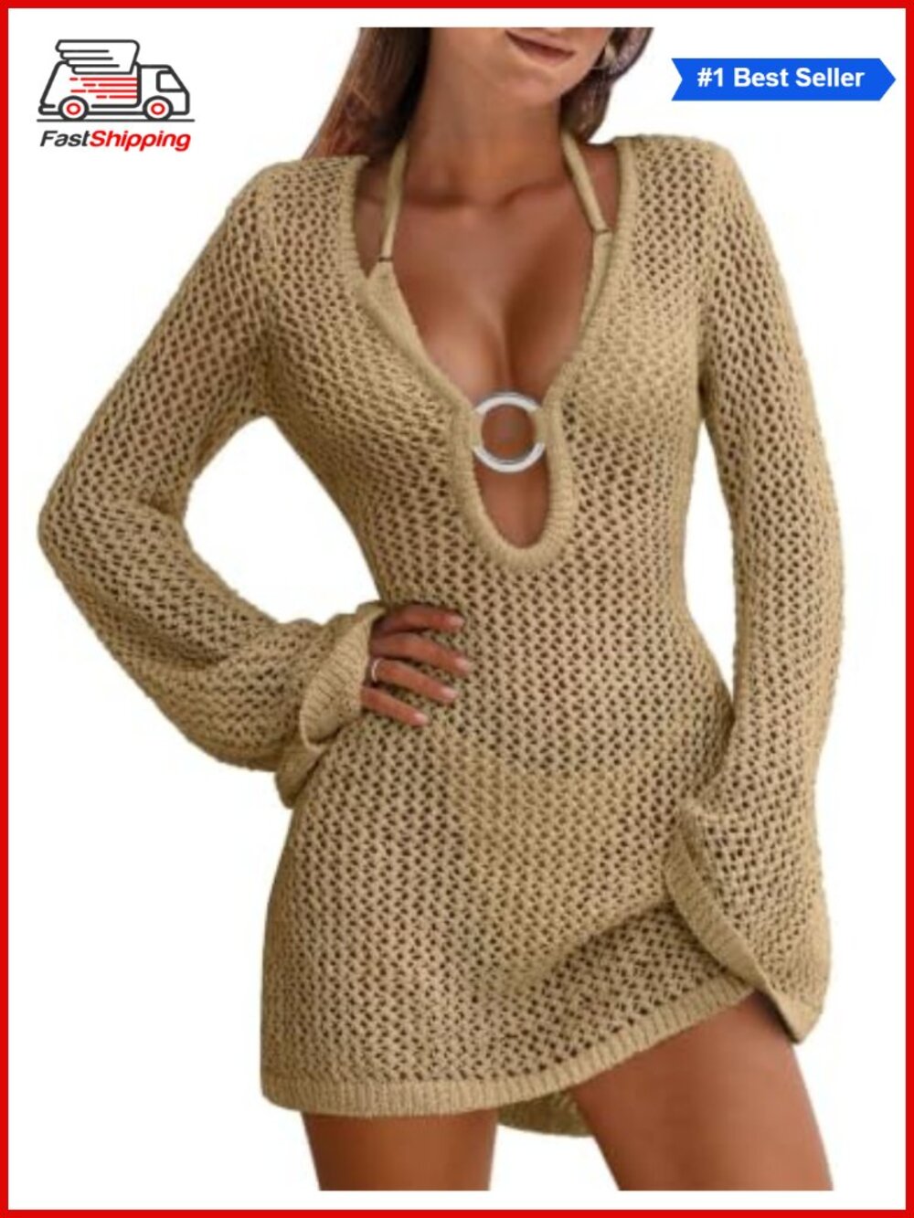 Women Crochet Swimsuit Coverup Knit Beach Dress V-Neck Long Sleeve
